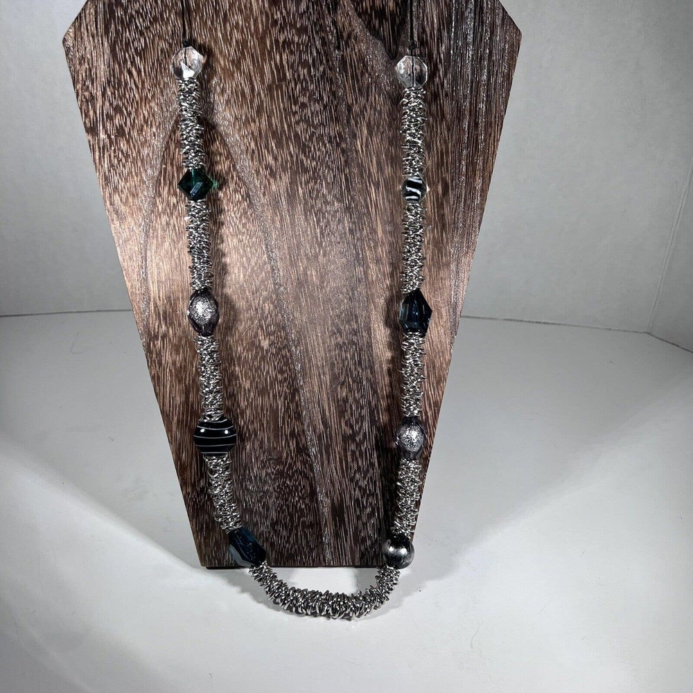 CHICO'S chunky silver tone metal Necklace blue green Beads 34” Statement